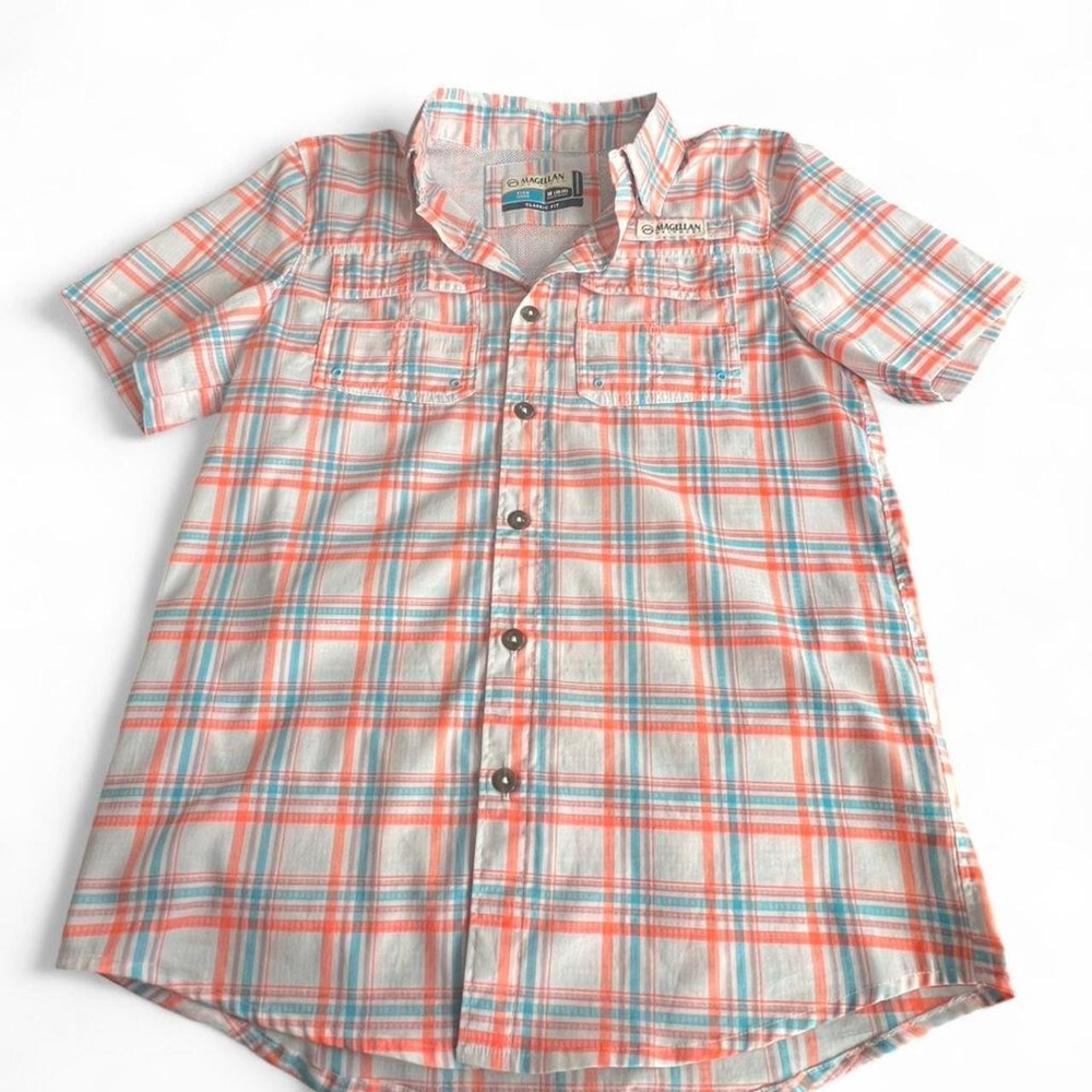 Magellan Orange Plaid Button-Up Fish Gear Shirt Youth Boys Medium (10/12)
